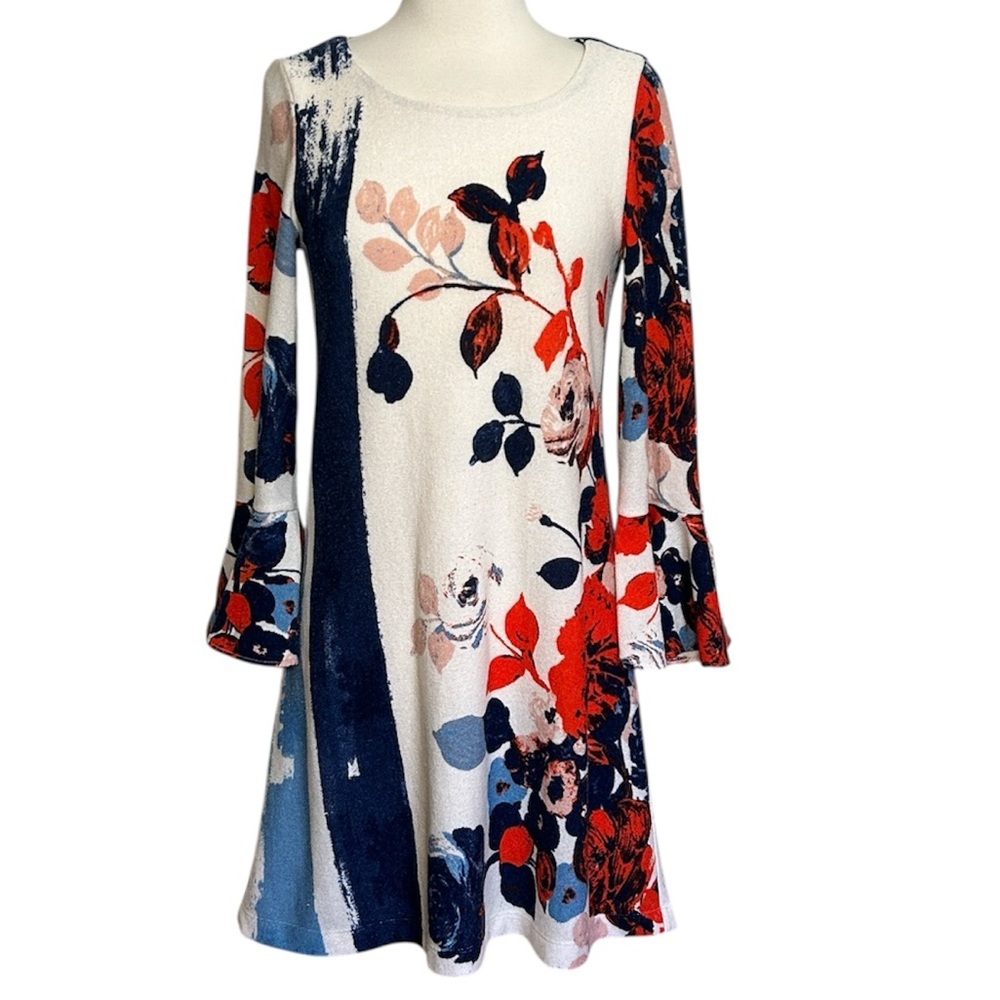 Maeve Anthropologie Bell Sleeve Floral Anthousai swing shift sweater dress sz XS - Picture 3 of 16